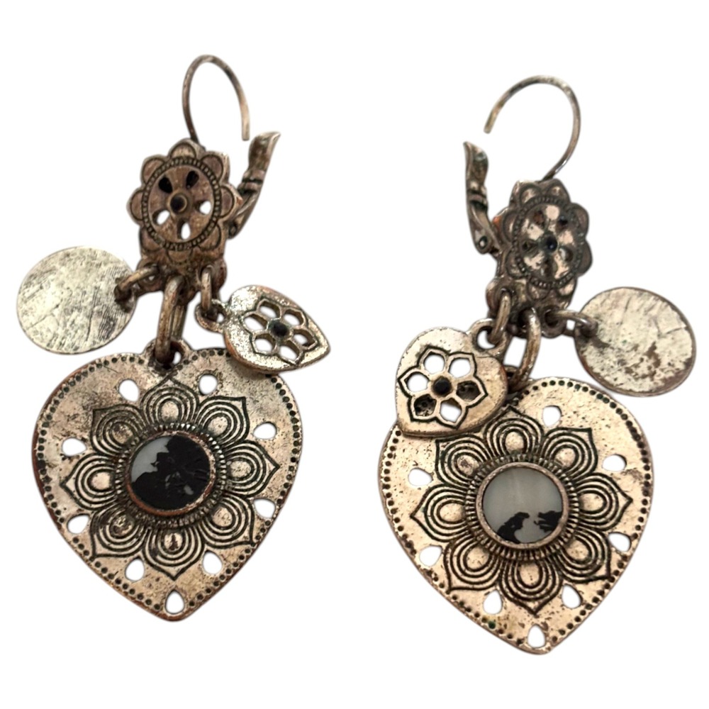 Boho Mixed Metal Filigree Heart Drop Earrings Floral Lever Back Statement Dangle